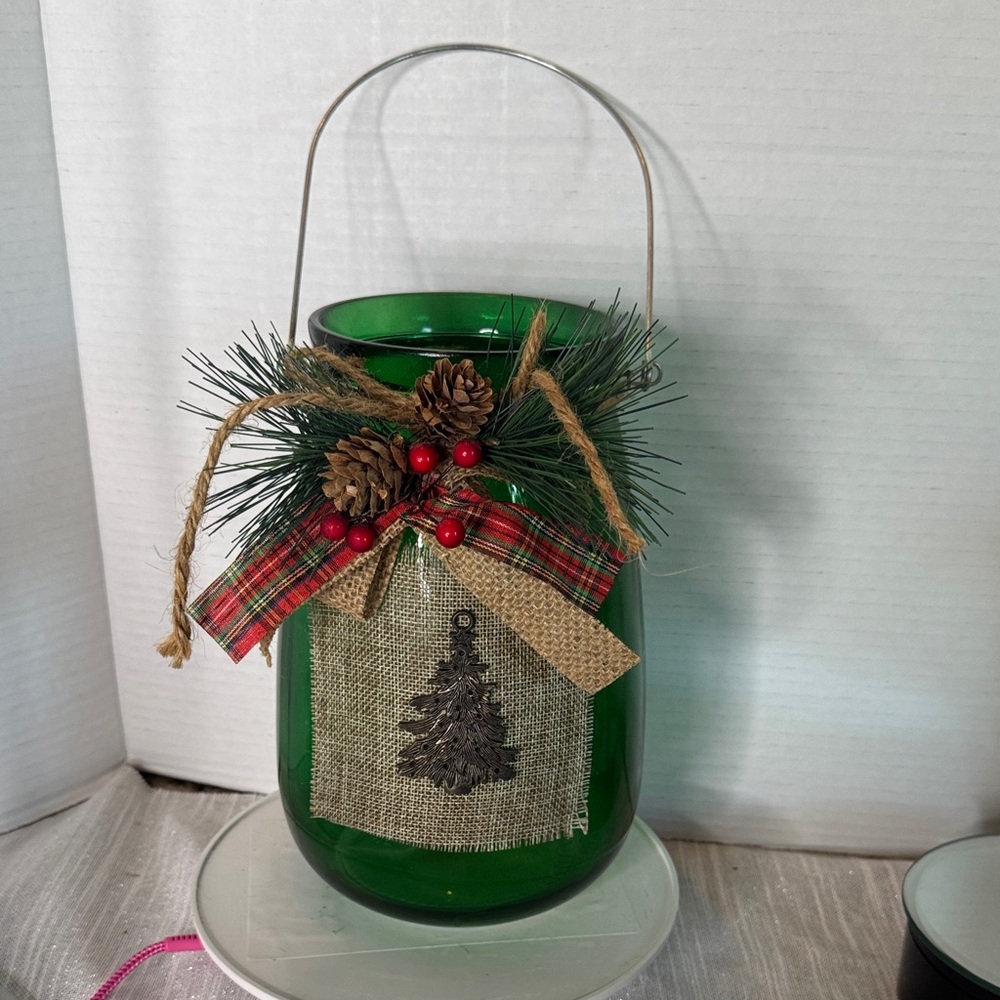 Candle Holder or Lantern with Pinecone and Burlap Accents 14.5” X 6” green glass